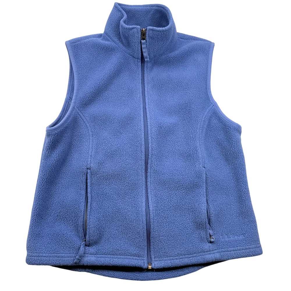 LL Bean Polartec Fleece Vest Blue Full Zip Mock Neck Pockets Womens Small Reg